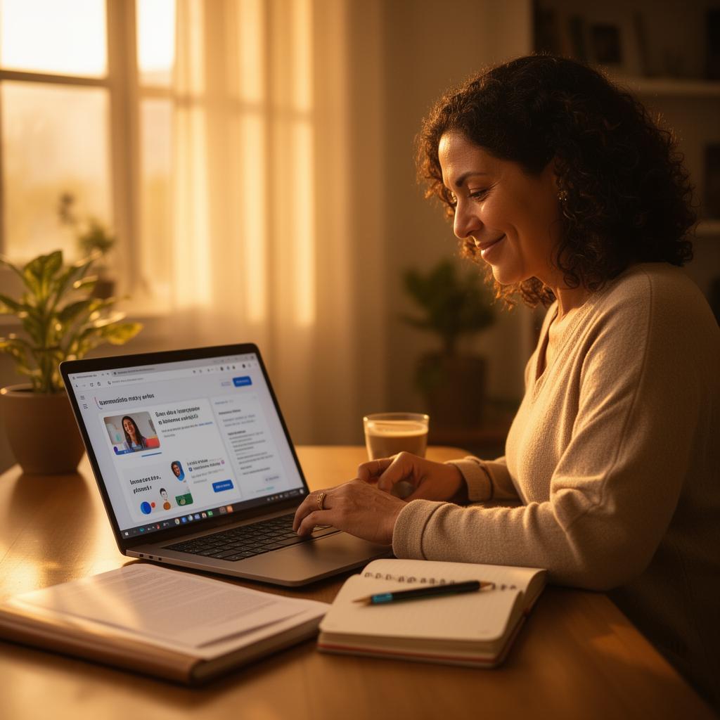 Estudiante adulta estudiando en línea desde casa con la plataforma iKTAM